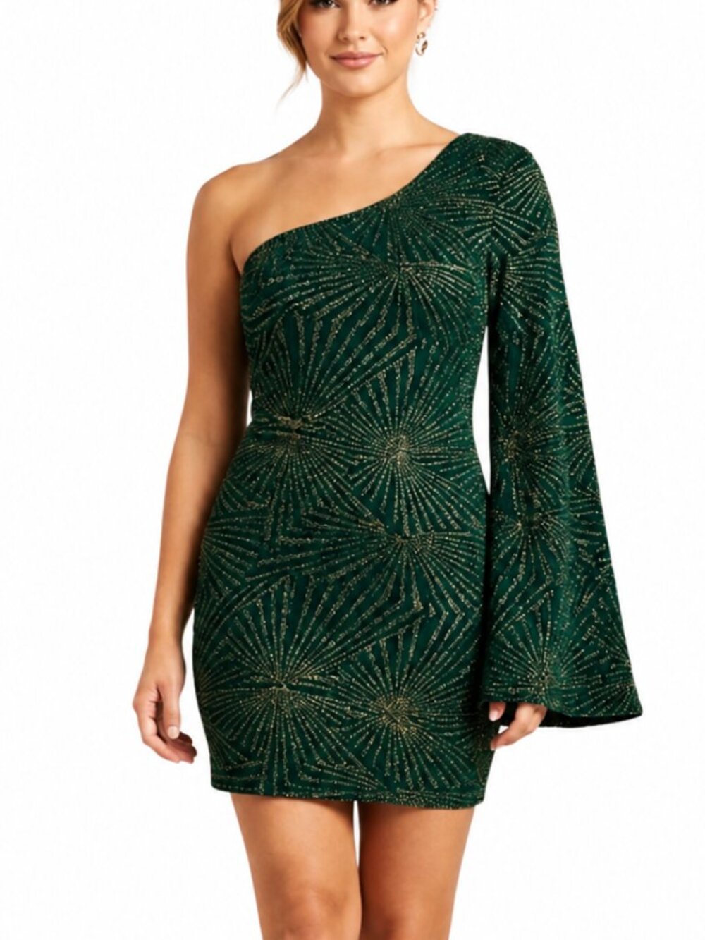Womens Large One-Shoulder Green Glitter Cocktail Mini Dress Evening Party Formal